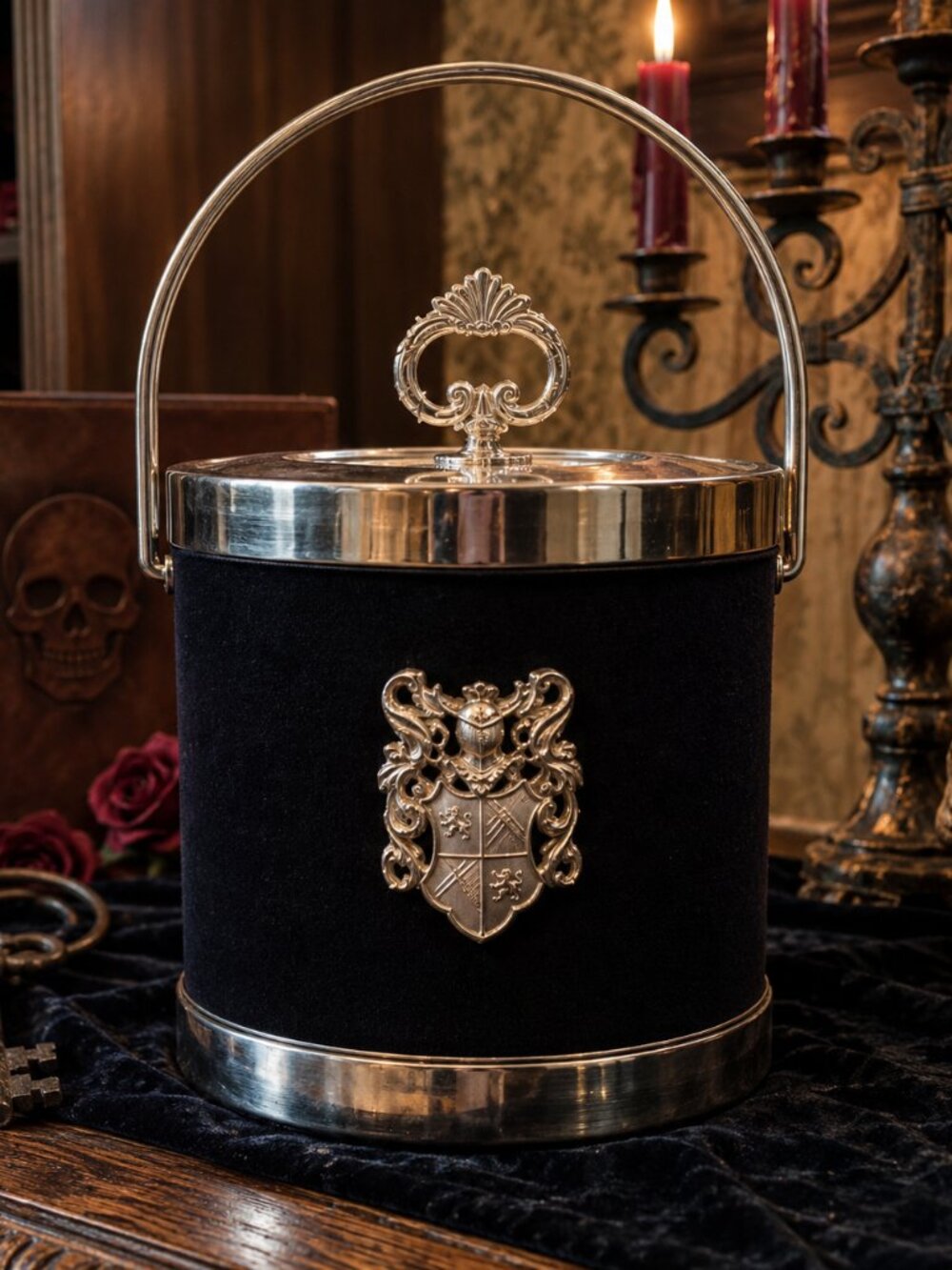 Vintage MCM Black Velvet Heraldic Ice Bucket with Tongs - Made in Hong Kong